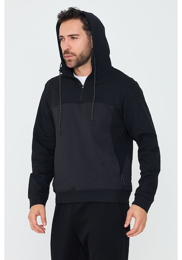 White Stone Siyah Kapüşonlu Yarım Fermuarlı Yandan Cepli Erkek Sweatshirt
