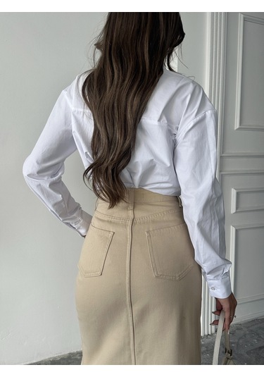 Blue Marlın Kadin Taş Etek Ucu Kesik Ön Yirtmaç Keten Etek Krem