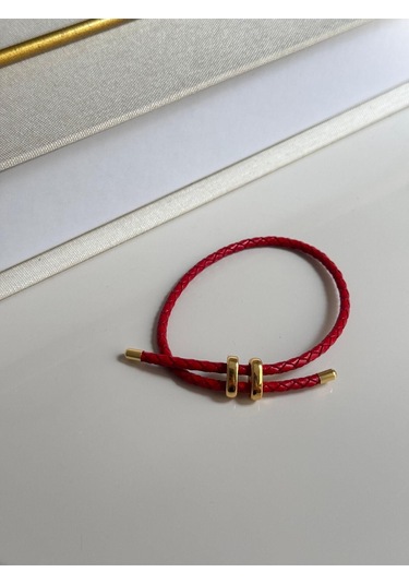 Kırmızı Deri Görünümlü Çift Dolamalı Çelik Detaylı Bileklik Unisex Tasarım Kırmızı