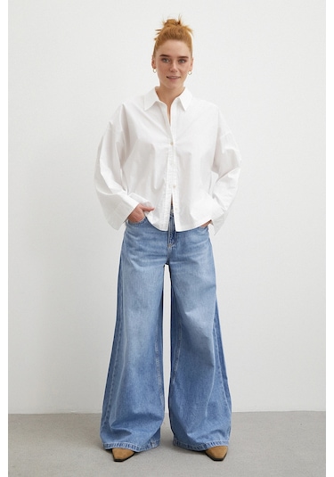 Yüksek Bel Wide Leg Jean Mavi Mavi