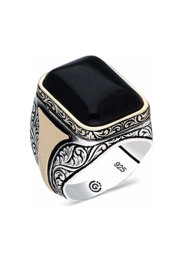 ​Gümüş Desenli Siyah Taşlı Köşeli Erkek Yüzük - 556659429