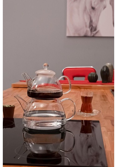 Borosilikat Cam Çaydanlık Seti - Demlik Isıya Dayanıklı, Süzgeçli Model Şeffaf