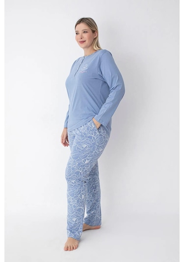 Senfoni Kadın Büyük Beden Düğmeli Yaka Uzun Kol %100 Pamuk Pijama Takımı 6068 -1 Adet Mavi