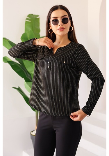 Lupinn Moda Kadın Siyah Simli /sim Parlak Çizgili Cep Detaylı Uzun Kollu Bluz Siyah