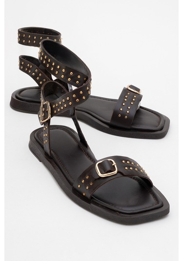 Carril Kahverengi Hakiki Deri Troklu Kadın Sandalet Kahverengi