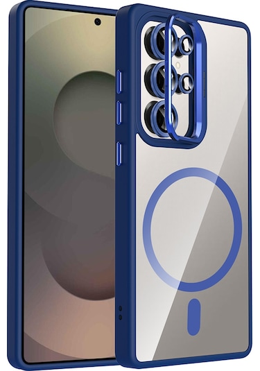 Galaxy Uyumlu S25 Ultra Kılıf Standlı + Kamera Lens Koruma Setli M-safe Şarj Özellikli Mkst Lacivert Lacivert