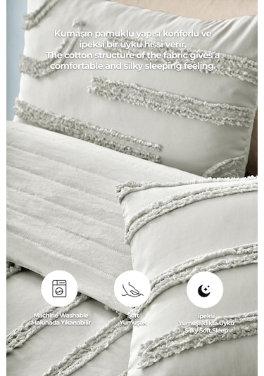Pamuklu Sasha Kabartmalı Yatak Örtüsü Takımı Günlük Çift Kişilik Boho 3 Parça Elyaf Dolgulu Krem