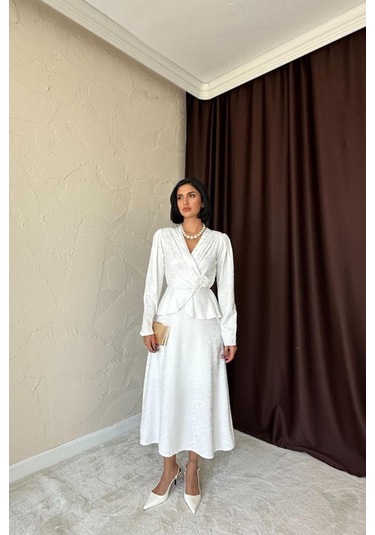 Ekru Pile Detaylı Kruvaze Elbise Ekru