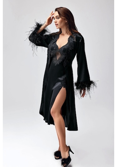 Freshness 9950-gs Saten Ortişli Gecelik Sabahlık Takım - Siyah - L Siyah