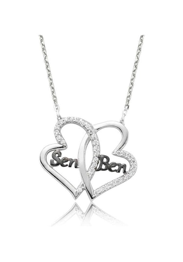 Gümüş Kalpli Sen Ben Kadın Kolye Beyaz