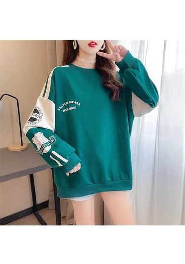 Novahub Yeşil Gevşek Dikiş Hoodie Kadın Yuvarlak Boyun Kadın Hoodies & Sweatshirt Sonbahar Kış Üstü Yeşil