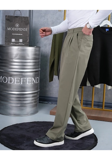 Modefendi Baggy Kesim Pile Detaylı Kumaş Pantolon Haki