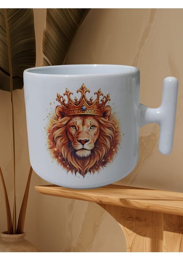 Aslan Çift Taraf Baskılı T Kupa Bardak Beyaz T