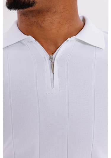 Monox Erkek Yarım Fermuarlı Polo Yaka Triko Kazak Beyaz