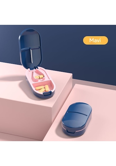 Yeiuyi Taşınabilir Mini Çok Fonksiyonlu Hap Kutusu Tablet Kesme Kutusu Mavi