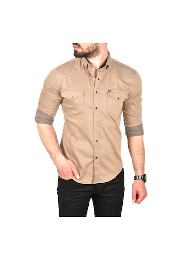 Deepsea Erkek Bej Slim Fit Pamuklu Cepli Kot Gömlek Çıtçıtlı Uzun Kollu Spor Gömlek 2502503 Bej