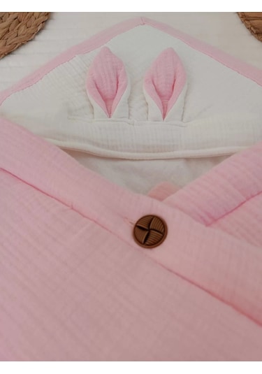 Yenidoğan 4 Kat Müslin Kumaş Kulaklı Patili Fiyonk Bebek Battaniyesi Kundak Pembe Çok Renkli