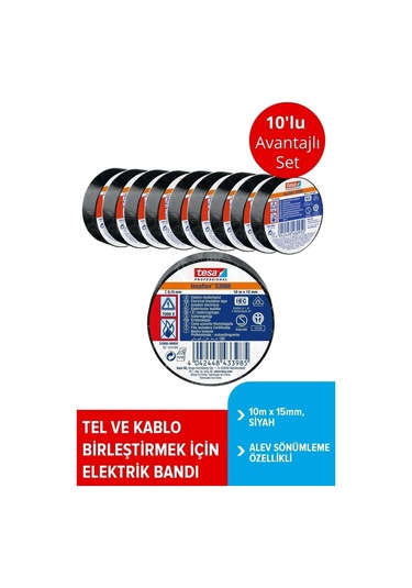 Tesa Elektrik İzolasyon Bandı Spvc, 10m X 15mm, Siyah Renk X10 Adet