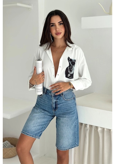 Jaguar Desen Baskılı Taşlı Gömlek Beyaz