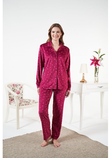 Estiva Puantiyeli Önden Düğmeli Kadife Bayan Pijama Takım Bordo