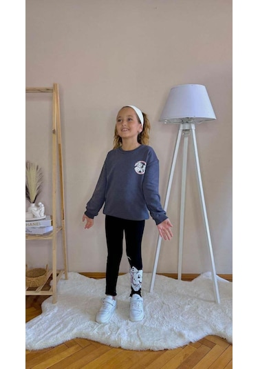 Kız Çocuk Bisiklet Yaka Pamuk Taytlı Eşofman Takımı Füme