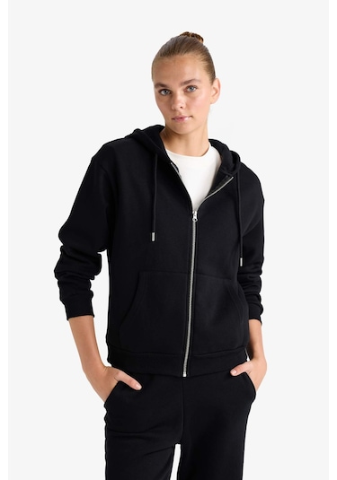 Defacto Relax Fit Kapüşonlu Basic Düz Kalın Fermuarlı Sweatshirt C1809ax25aubk81 Siyah