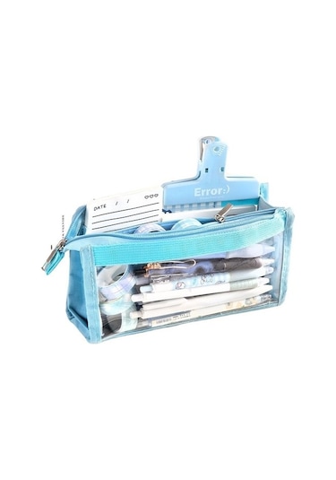 Khalid Bain Çok Işlevli Görünür Pencereli, Büyük Kapasiteli Altı Katmanlı Şeffaf Kalem Kutusu M6rl76 Bej - Açık Mavi