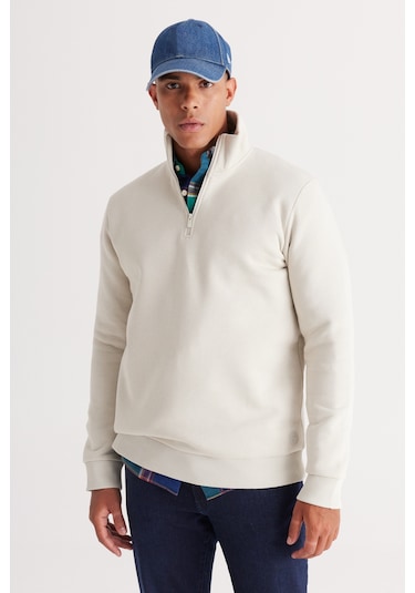 AC&Co / Altınyıldız Classics Standart Fit Normal Kesim İçi Polarlı Bato Yaka Pamuklu Erkek Sweatshirt Bej AC&Co / Altınyıldız Classics Standart Fit Normal Kesim İçi Polarlı Bato Yaka Pamuklu Erkek Sweatshirt Bej