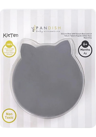 Pandish Kitten Vakum Tabanlı Kapaklı Silikon Kase - Gri Standart