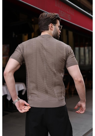 Açık Kahverengi Bisiklet Yaka Slim Fit Triko Erkek Tişört E7466