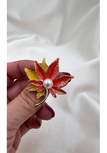 Bb Akağaç Yaprağı İncili Broş Altın - Kahverengi