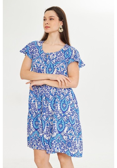 Mavi Yuvarlak Yakalı Kısa Mendil Kol Etnik Otantik Desenli Rahat Kesim A-line Kısa Elbise Mavi-beyaz