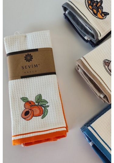 2 Li Mutfak Havlusu %100 Pamuk - Kayısı Nakışlı - 40x60 Cm Turuncu Turuncu
