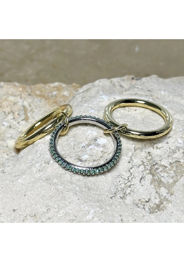 3'lü Gold-yeşil Yüzük Çok Renkli