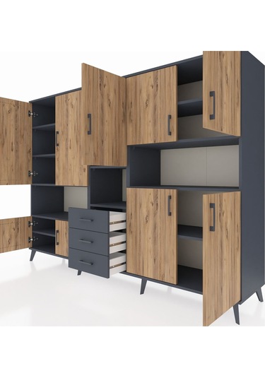 Hyperion Dolap 13 Raflı 3 Çekmeceli 9 Kapaklı 220x44x163 Antrasit Antrasit-çam/antrasit
