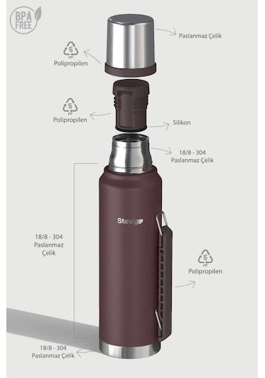 Stevig 1 Camper Klasik Kulplu Sızdırmaz Çelik Termos 1.2 Lt Dark Plum St-258 Bordo