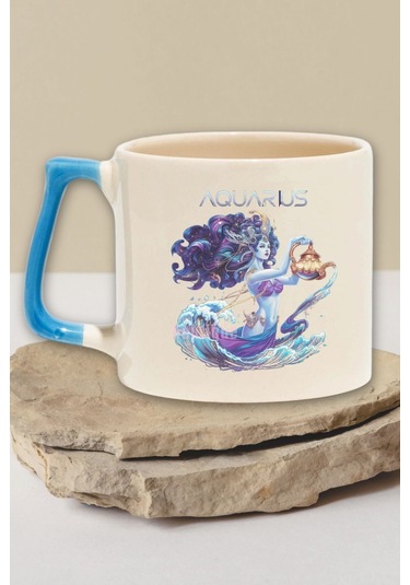 Aquarius İlüstrasyon Baskılı Kova Burcu Astroloji Doğum Günü Hediye Mavi Kulplu Kupa Bardak MAvi