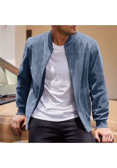 Sonbahar Ve Kış Dik Yaka Bol Retro Fermuarlı Erkek Ceketi Koyu Mavi
