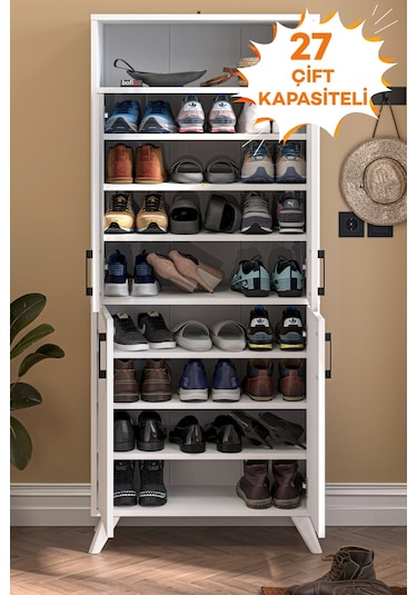 Bofigo 4 Kapaklı Ayakkabılık 9 Bölmeli Ayakkabılık Çok Amaçlı Dolap Beste Beyaz