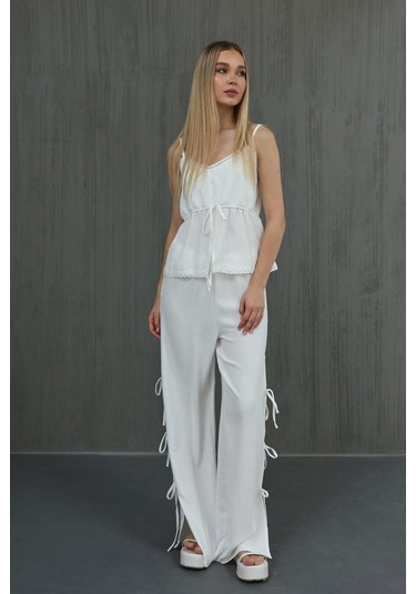 Gülsüm Aydın Fiyonklu Bluz Takım - Beyaz Beyaz