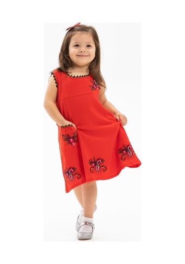 Burçak Şile Bezi Kız Çocuk Elbise Kırmızı Krmz