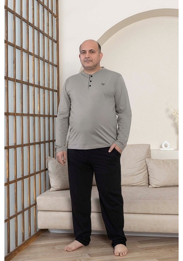 Guava Erkek Büyük Beden 3 Düğmeli %100 Pamuk Mevsimlik Uzun Kol Cepli Pijama Takımı Gri