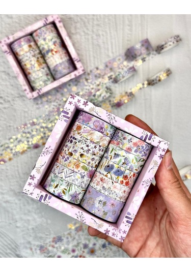 Kare Vintage Washi Tape Bant Yapışkanlı Maskeleme Kağıdı Desenli Bant 12'li - Mor Çiçekler 1