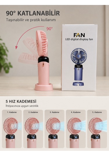 Led Digital 5 Kademe 90 Derece Katlanabilir Şarj Göstergeli El Vantilatörü