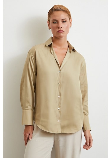 Diagonal Desen Gömlek Bej Bej