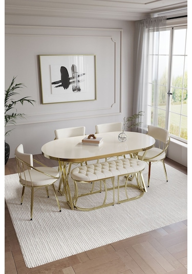 Selenit Mutfak Yemek Masası Takımı- 6 Kişilik Mutfak Masa Sandalye Takımı- Mutfak Masası Takımı Gold Düz Krem Selenit Mutfak Yemek Masası Takımı- 6 Kişilik Mutfak Masa Sandalye Takımı- Mutfak Masası Takımı Gold Düz Krem