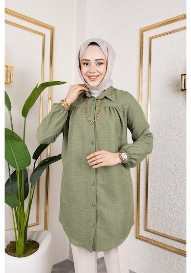 Önü Büzgülü Bilek Lastikli Tunik - Yeşil / Ü104 Yeşil