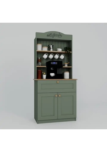 Lucas 2 Kapaklı Çekmeceli Kahve Köşesi Ve Çok Amaçlı Mutfak Dolabı - Açık Ceviz & Yeşil Yeşil