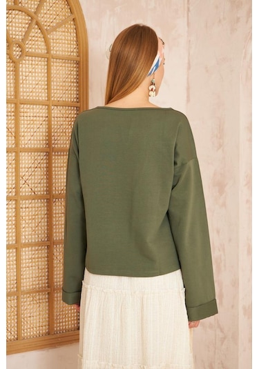 Kadın Ekstra Uzun Duble Kol / Yakası Yırtmaçlı Salaş Sweatshirt Bluz 3470190 Haki