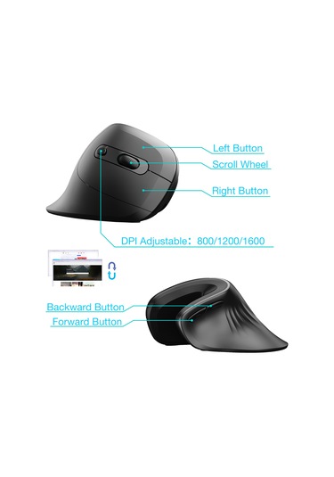 Jeemson Usb Kablolu Dikey Fare - Ergonomik Tasarım, 6 Tuş, 3 Seviye Dpı 800-1200-1600 , Ofis Ve Oyun İçin Siyah Optik